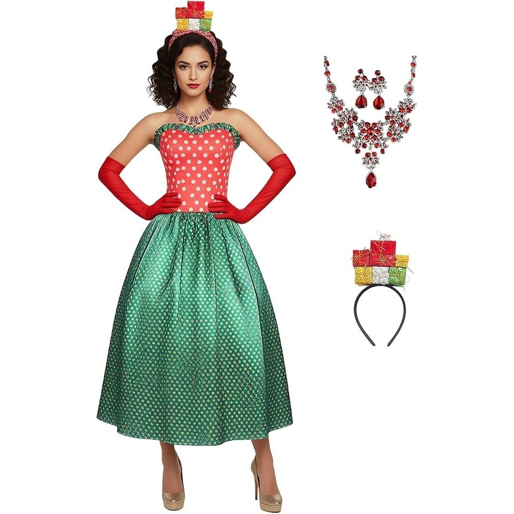Christmas Dress 5 Pc Christmas Costume Yule Dress Gloves Accessories Set 2XL NEW